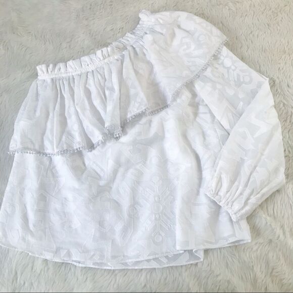 PARKER White One Shoulder Top Blouse Cotton Long Sleeve Ruffle Tassel XS New - Picture 4 of 16